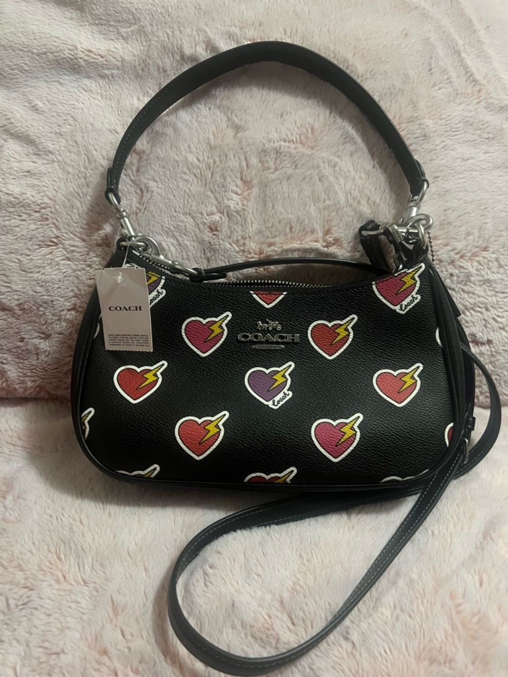 NWT COACH Black Teri Heart Bolt Lightning Print Leather Shoulder Bag